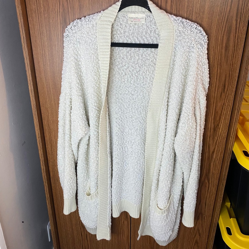 Bobbie Brooks Cardigan Womens 1X Cream Popcorn Knit Open Front Pocket Sweater